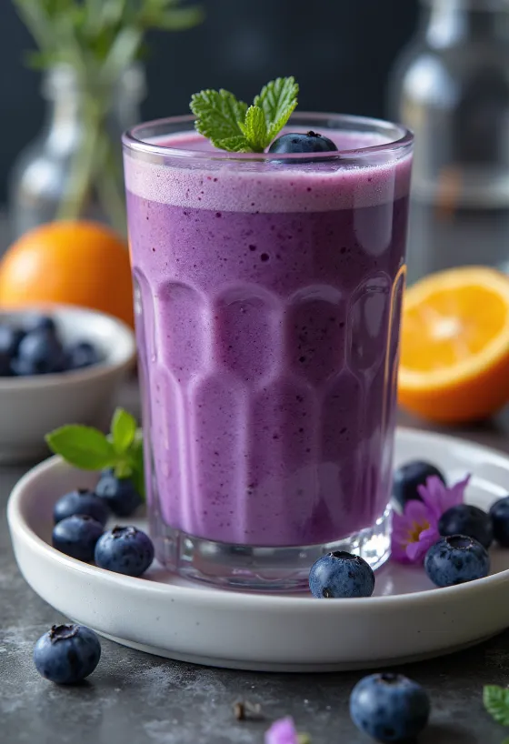 Smoothie de laranja e mirtilo num copo