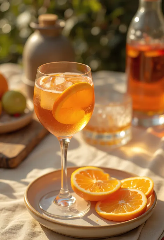 Cocktail Aperol com Laranja servido com fatia de laranja e gelo