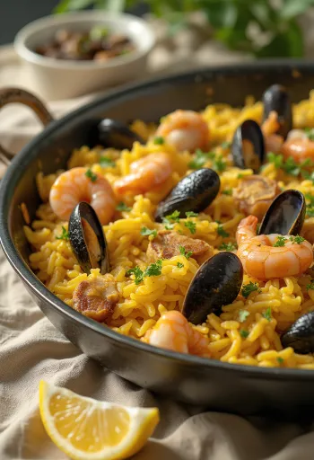 Paella com marisco e frango servida