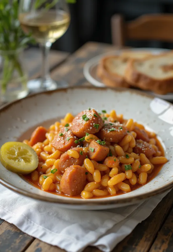 Tarhonya à pastor com salsicha fumada e batata, polvilhada com salsa fresca
