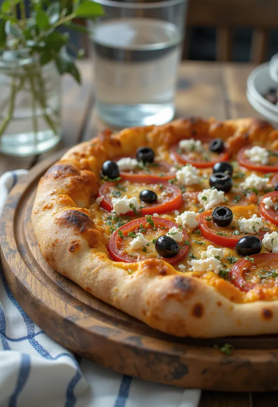 Pizza Greca com queijo feta, azeitonas e tomate