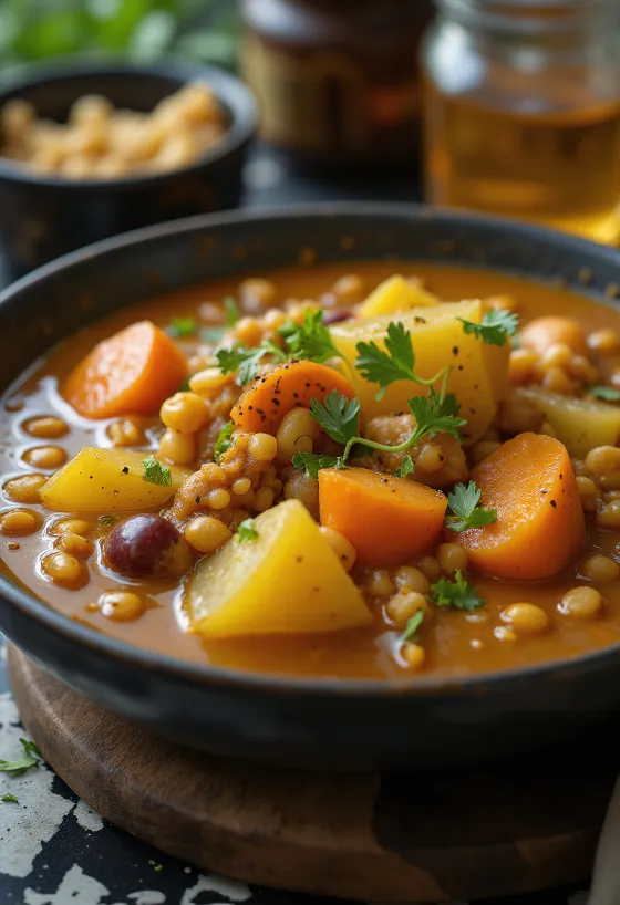 Sambar com legumes mistos servido ao lado de arroz e acompanhamento de legumes