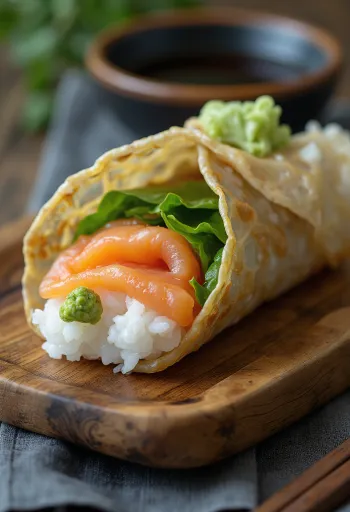 Temaki com shiso, salmão fresco e folha de shiso em alga nori, servido perfeitamente