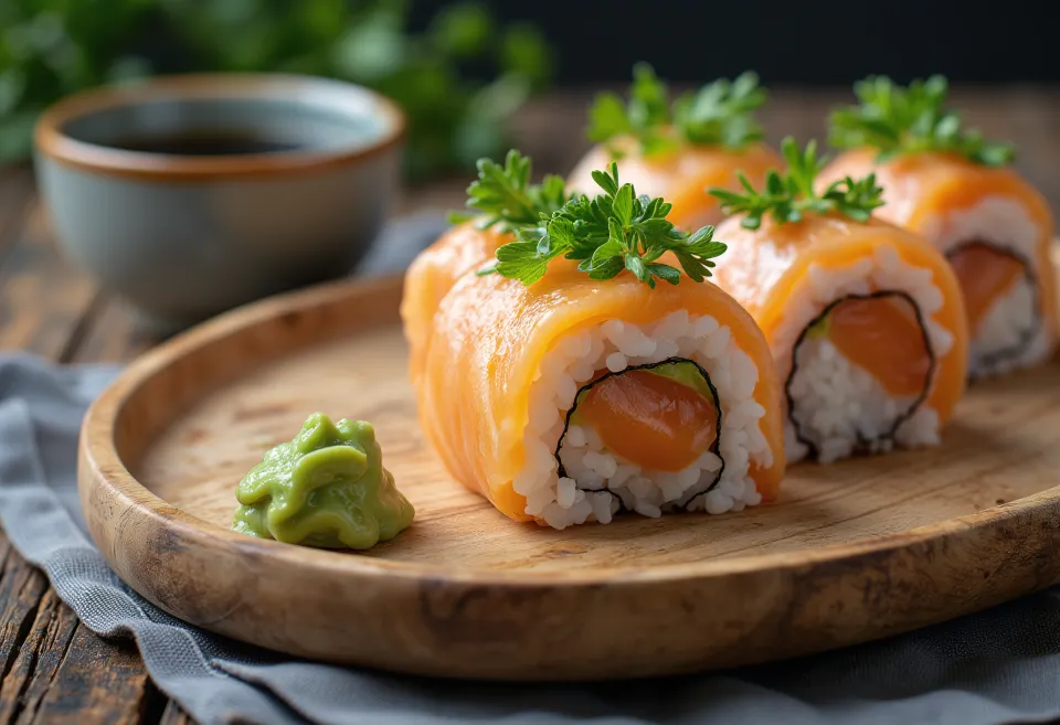 Temaki com shiso, salmão fresco e folha de shiso em alga nori, servido perfeitamente