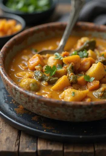 Caril vegan com legumes suculentos e decorado com coentros frescos