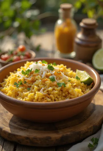 Upma de Bajra saudável numa taça com lima e coentros