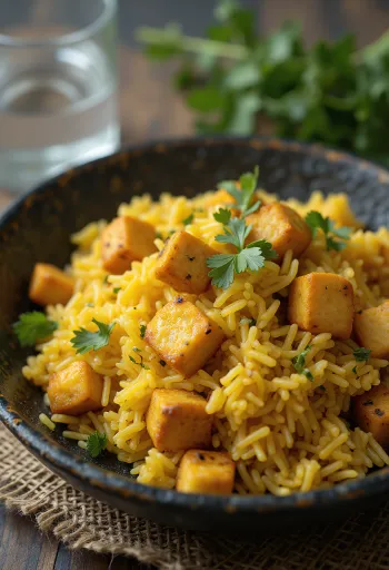 Biryani com tofu rico e picante e arroz basmati, decorado com coentros frescos e hortelã.