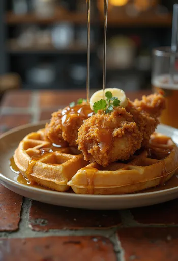 Frango e waffles servidos no prato, regados com xarope de ácer