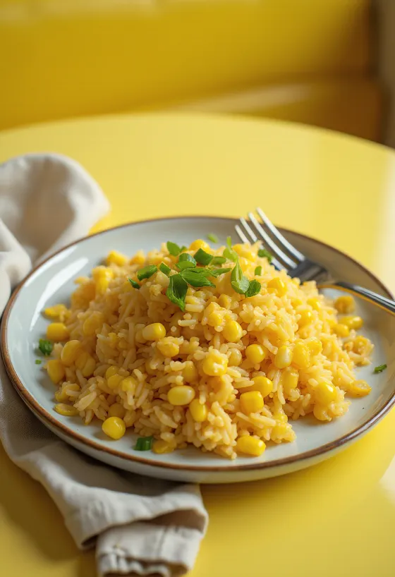 Prato de arroz salteado com milho e cebolinho
