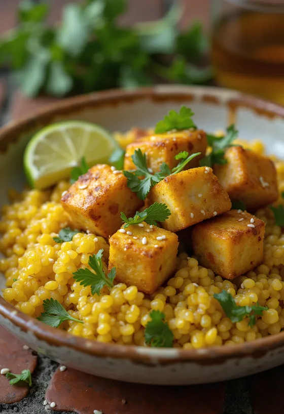 Tofu assado com lima e base de quinoa ao caril