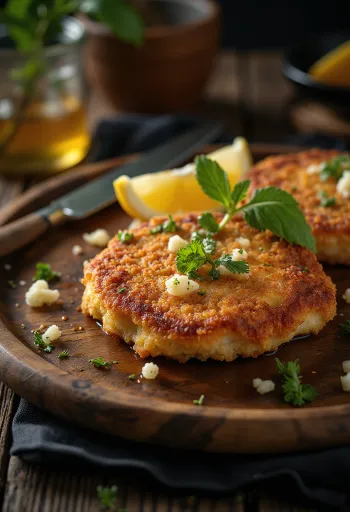 Milanesa de vaca, servida em panado crocante, decorada com salsa fresca
