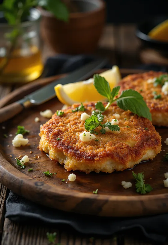 Milanesa de vaca, servida em panado crocante, decorada com salsa fresca