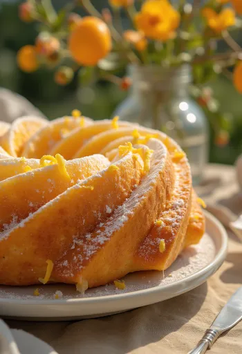 Kuglof de laranja assado dourado, polvilhado com açúcar em pó