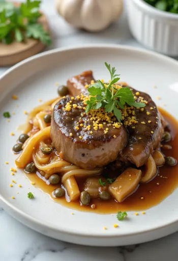 Osso buco com alcaparras, servido com salsa fresca e molho rico