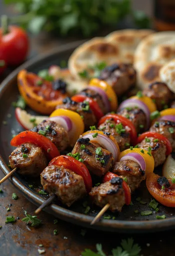 Shish kebab no espeto, carne e legumes grelhados