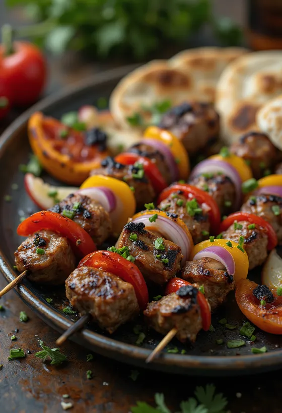 Shish kebab no espeto, carne e legumes grelhados