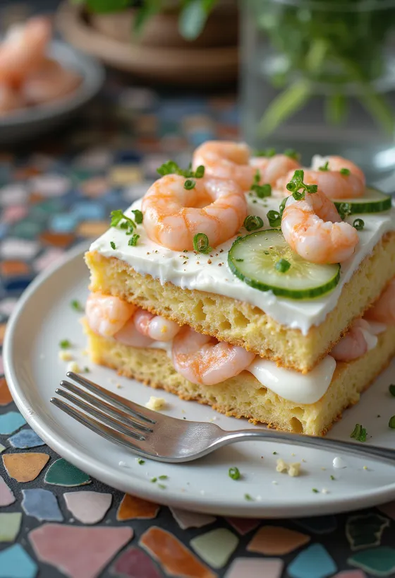 Bolo salgado Smörgåstårta decorado com pepino e camarão