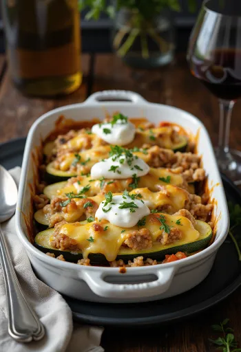 Curgete recheada acabada de fazer com carne picada e queijo, assada até ficar dourada.