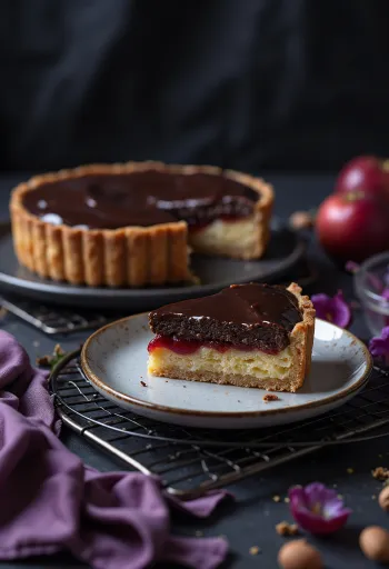 Fatia de Tarte Bakewell com cobertura de chocolate e amêndoas