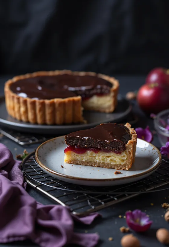 Fatia de Tarte Bakewell com cobertura de chocolate e amêndoas
