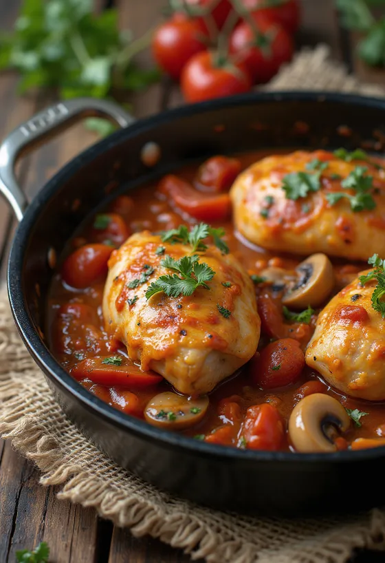 Frango cacciatore servido em frigideira com vegetais