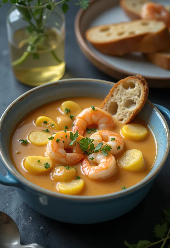 Chupe de camarones, servido contendo sopa rica de camarão e milho.
