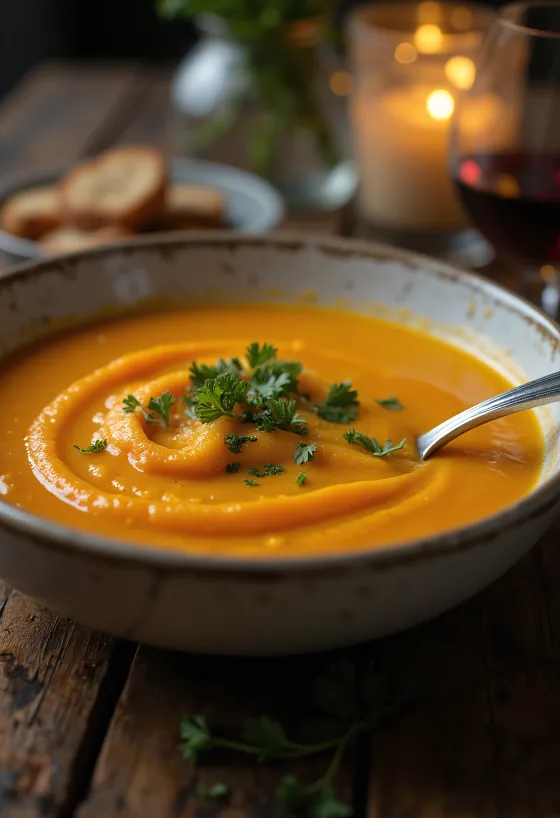 Sopa de cenoura e gengibre com leite de coco e coentros