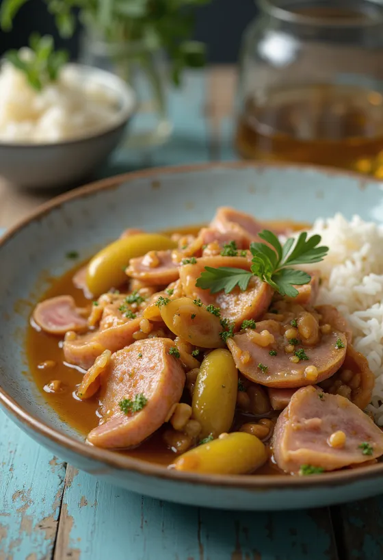 Estufado de porco à talhante com carne de porco suculenta, salsicha fumada e pepino em conserva.
