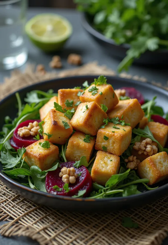 Tofu assado com lima e salada de beterraba