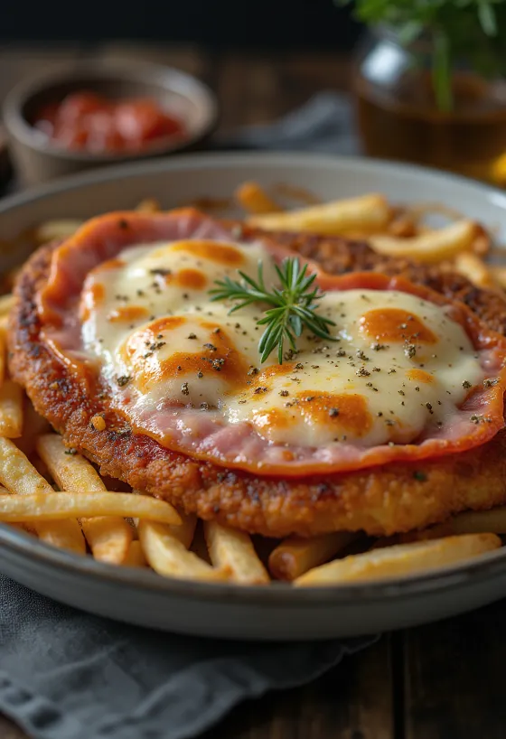 Milanesa à napolitana com fiambre, rico queijo, molho de tomate e panado crocante.