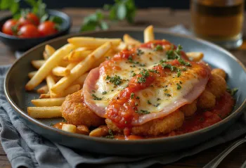 Milanesa à napolitana com fiambre, rico queijo, molho de tomate e panado crocante.