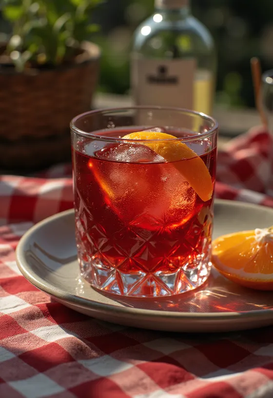 Cocktail Negroni decorado com fatia de laranja
