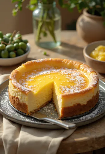 Bolo de queijo quark alemão com recheio macio e polvilhado com açúcar em pó