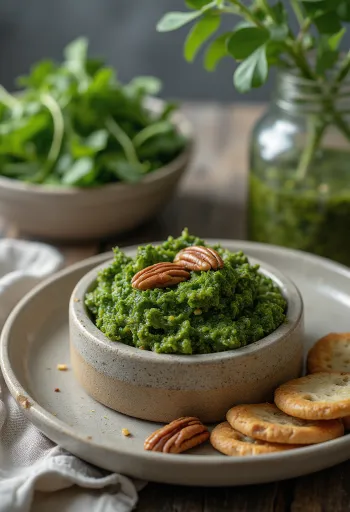 Pesto com couve kale e noz-pecã servido, em prato claro, com consistência cremosa