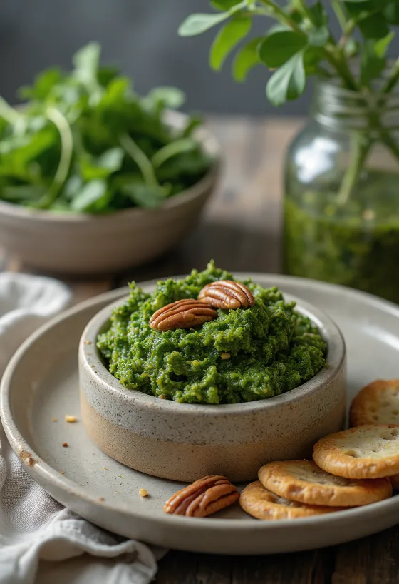 Pesto com couve kale e noz-pecã servido, em prato claro, com consistência cremosa