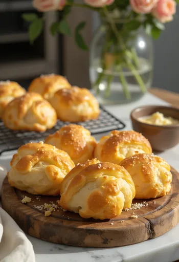 Profiteroles de queijo dourados, estaladiços por fora e macios por dentro, servidos numa travessa.