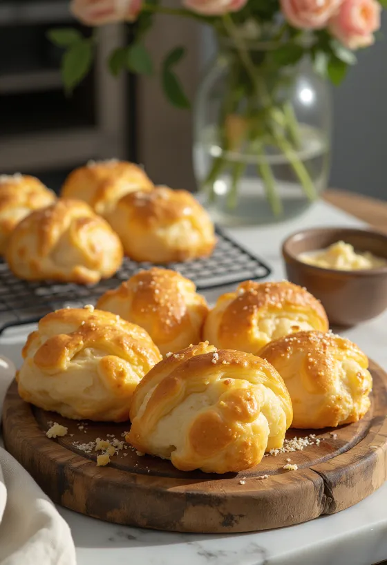 Profiteroles de queijo dourados, estaladiços por fora e macios por dentro, servidos numa travessa.
