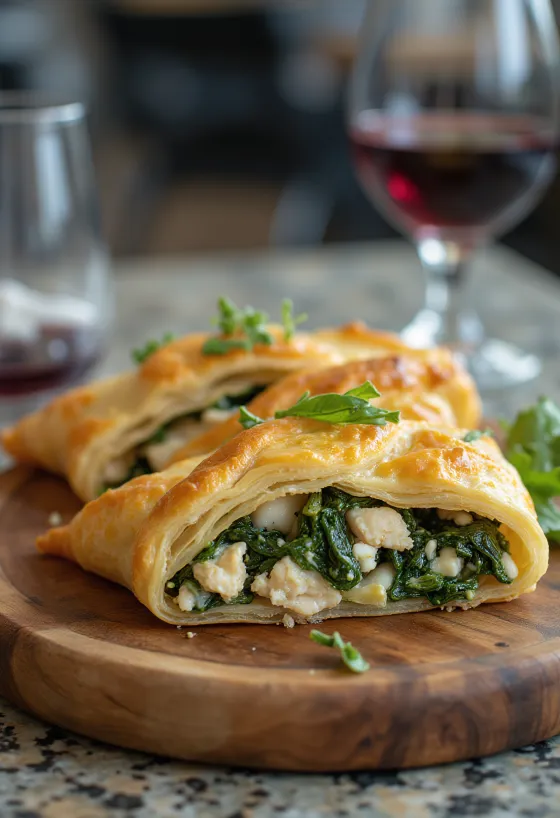 Spanakopita com frango, massa dourada e estaladiça com rico recheio de espinafres e frango
