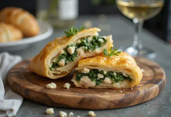 Spanakopita com frango, massa dourada e estaladiça com rico recheio de espinafres e frango