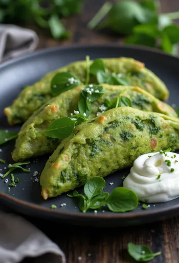 Crepes salgados de espinafres servidos com legumes frescos