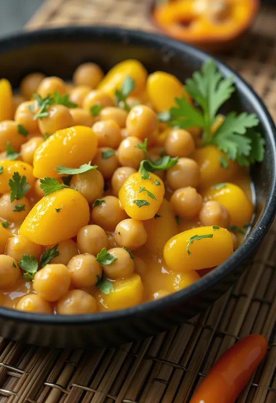 Ackee e grão-de-bico numa tigela, servido com vegetais e leite de coco