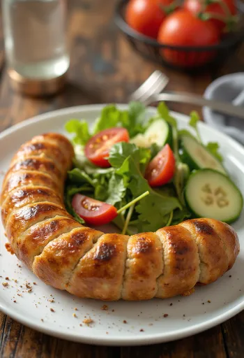 Alheira frita servida com salada fresca num prato