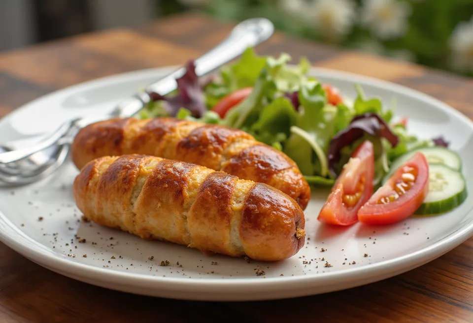 Alheira frita servida com salada fresca num prato