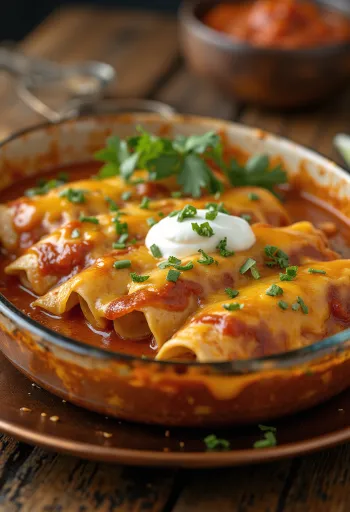 Enchiladas de frango cobertas com queijo derretido e decoradas com natas azedas e coentros