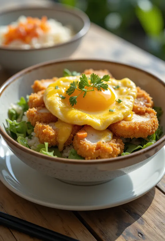 Katsudon de legumes e caril com frango em massa crocante servido com coentros frescos
