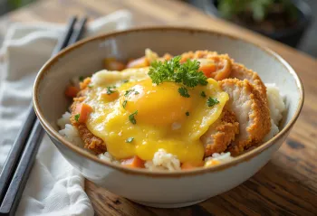 Katsudon de legumes e caril com frango em massa crocante servido com coentros frescos