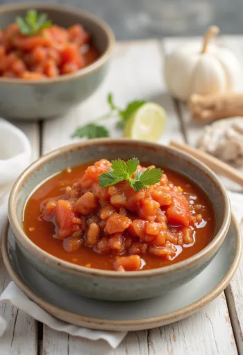 Molho agridoce de tomate e gengibre numa taça, servido com gengibre fresco e legumes salteados