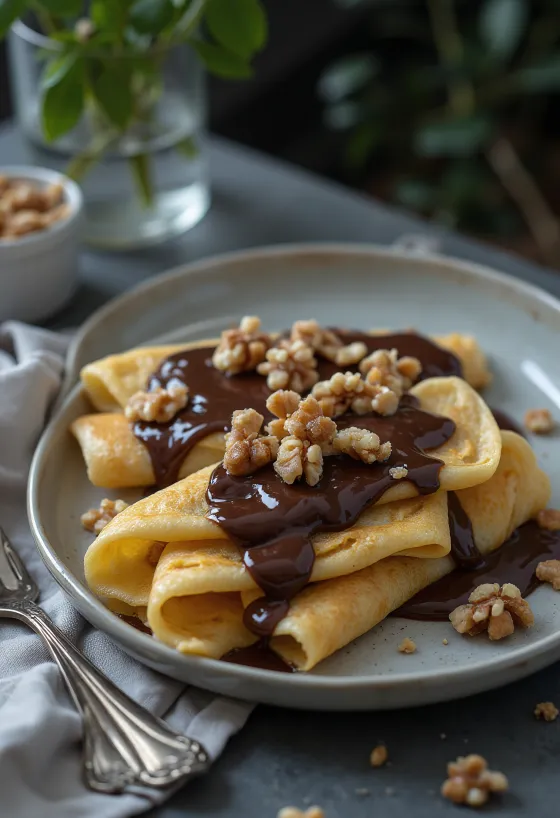 Crepe Gundel acabado de fazer, recheado com creme de noz, regado com molho de chocolate, servido num prato.