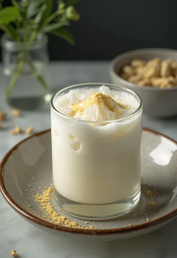 Lassi de cardamomo em copo, decorado com cubos de gelo e um pouco de cardamomo