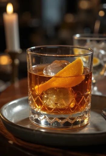 Cocktail Old Fashioned decorado com casca de laranja